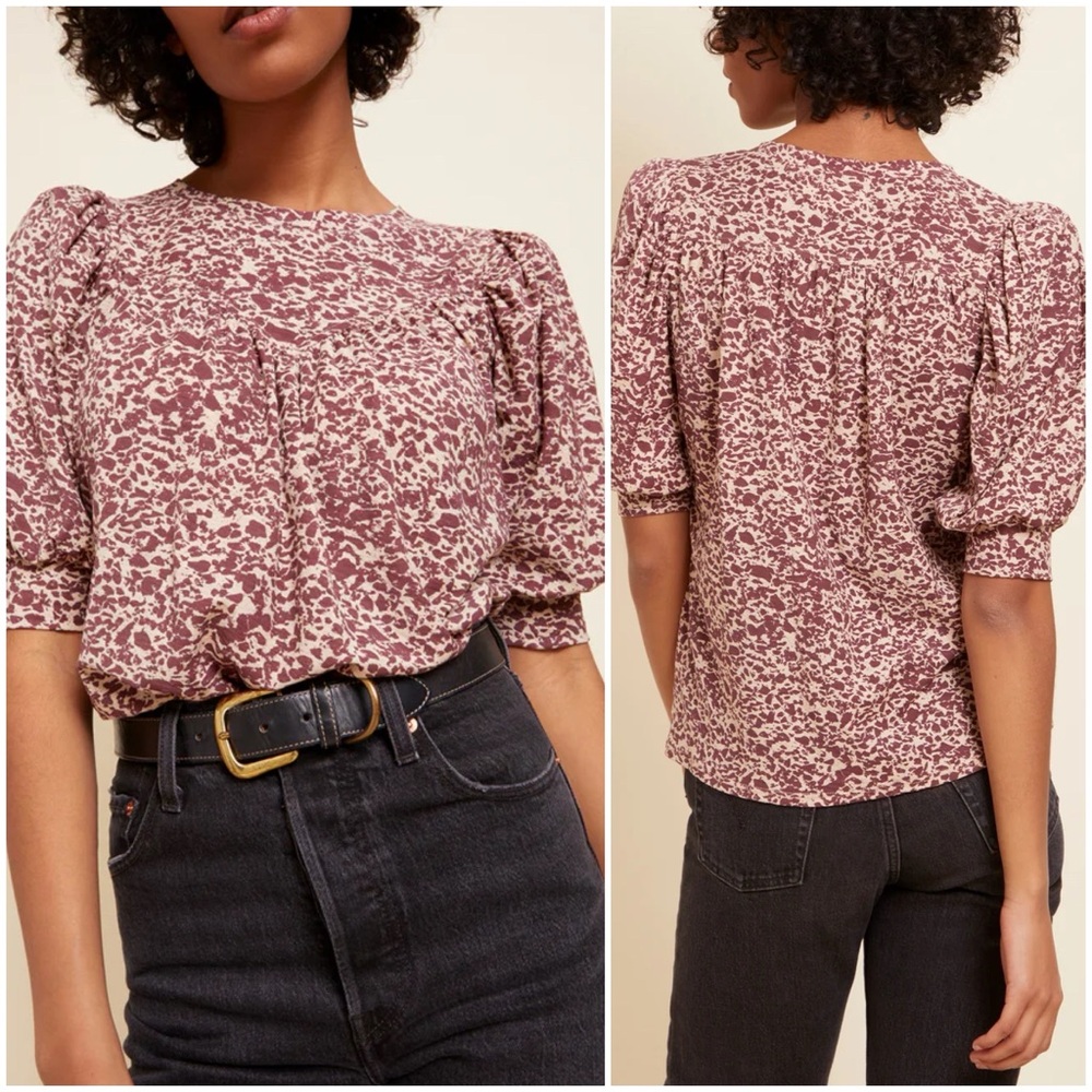 NWT Nation Ltd Journey Feminine Yoke Puff Sleeve Printed Jersey Pima Tee Top